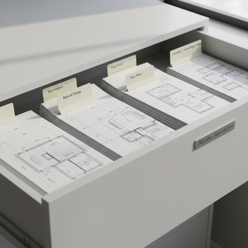 A tidy, labelled collection of council drawing documents neatly arranged in a shallow drawer of a matte white plan cabinet. Visible tabs read “Site Analysis”, “Basix & Energy”, “Floor Plans”, and “Elevations – Hunter Region NSW”, each attached to crisp, heavyweight paper sets with precise monochrome linework. A small metal label on the drawer front reads “DQ Studio – Approved Sets”. Soft, diffused overhead lighting and a hint of side light from a nearby window create gentle shadows between the document stacks, reinforcing order and clarity. Photographic realism with a slightly elevated, three-quarter angle and sharp focus across the scene, evoking a sense of reliability, thorough documentation, and an organised, straightforward path to council approval.