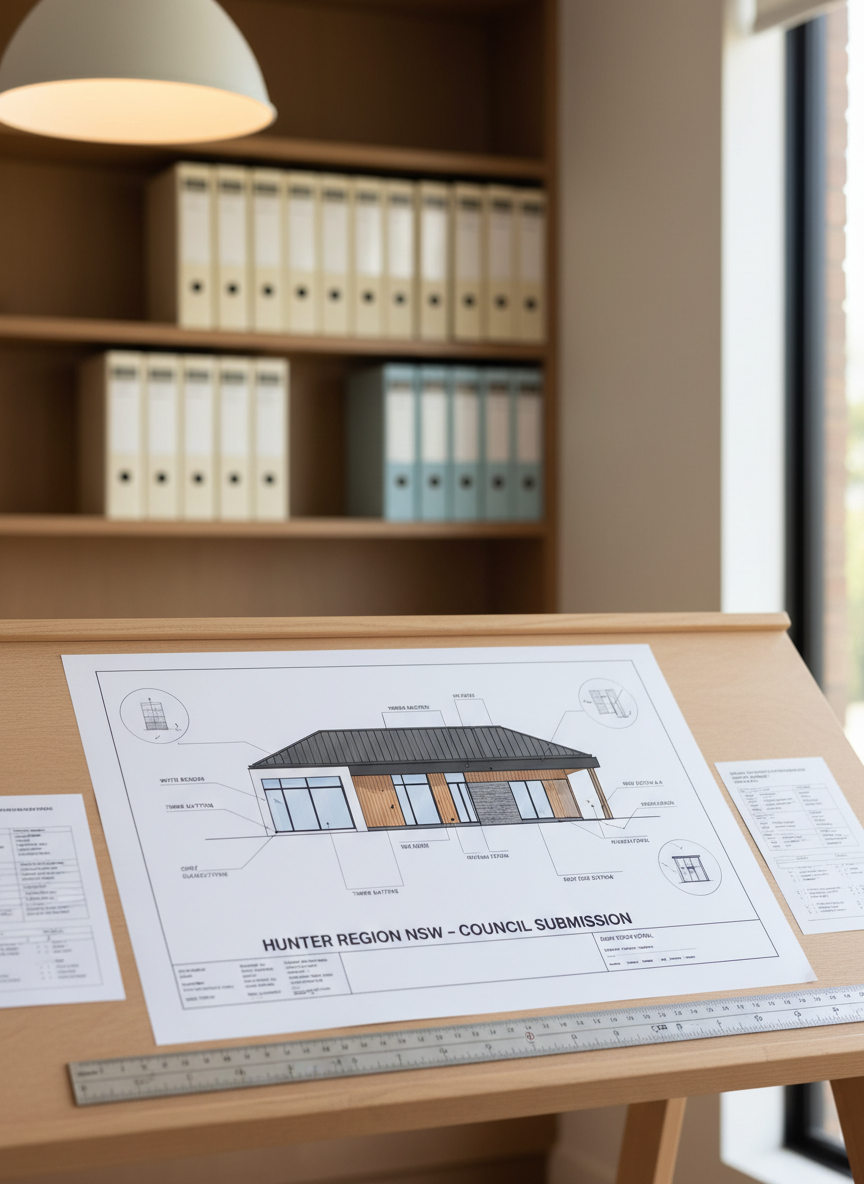 A modern, minimalist home exterior rendered as a printed council-ready elevation drawing, clipped on a smooth drafting board with a parallel motion ruler. The elevation shows a contemporary single-storey facade with a low-pitched roof, large windows, and clear material notes in precise technical lettering. Around the main sheet, smaller detail callouts and a title block labeled “Hunter Region NSW – Council Submission” are visible. Neutral-toned walls and a tidy shelf of reference folders sit in the softly blurred background. Natural daylight from a right-side window mixes with subtle warm overhead light, giving a balanced, professional tone. Captured in photographic realism from a slightly elevated angle with moderate depth of field, conveying accuracy, reliability, and regional expertise.