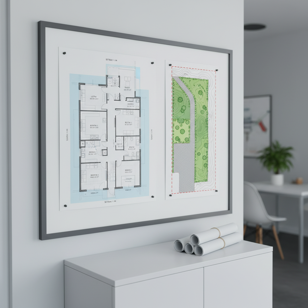 A meticulously detailed A3 residential floor plan pinned to a smooth white pinboard, showing clear room labels, dimensions, and compliant setbacks highlighted in subtle light blue. Beside it, a coloured site plan indicates landscaping, driveways, and boundaries with precise linework and hatching. A slim, matte charcoal frame surrounds the board, and a small stack of rolled plans rests neatly on a low white cabinet below. Cool, diffused daylight from a nearby window creates an even, shadow-softened illumination, emphasizing legibility and order. Photographic realism at eye level with a slight three-quarter angle, using the rule of thirds for composition and a softly blurred background, creating a professional, trustworthy atmosphere ideal for a council drawings service.