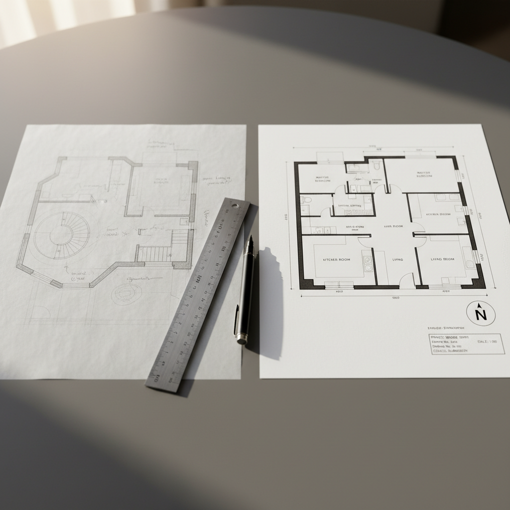 A side-by-side comparison of two plan sheets on a smooth grey drafting table: on the left, a lightly sketched concept floor plan in pale graphite; on the right, a fully resolved, council-ready drawing with bold lineweights, annotations, and a clear north arrow. Between them lies a precise metal scale ruler and a fine-tip black technical pen, symbolising the progression from idea to approval. Subtle warm daylight from an off-frame window to the top casts soft, directional shadows and highlights the paper’s fine texture. Photographic realism with a slightly elevated angle and moderate depth of field, creating a calm, methodical atmosphere that communicates clarity of process and professional refinement.