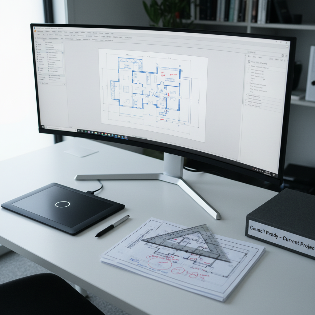 A clean, organised drafting workspace featuring a large ultrawide monitor displaying a CAD interface with a detailed residential floor plan and elevation set prepared for council approval. On the matte white desk, a black graphics tablet, precise digital stylus, and a pair of square architectural set squares rest beside a small stack of printed markup pages with red annotations. A slim, dark grey filing box labeled “Council Ready – Current Projects” sits to one side. Cool, indirect daylight from a large window off-frame provides even, low-contrast lighting, with faint reflections on the monitor. Photographic realism, shot at eye level with a slight angle and shallow depth of field, creates a calm, focused, highly professional atmosphere that highlights a streamlined, digital-first process.